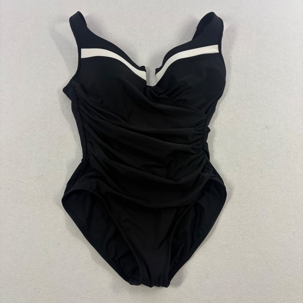 Miraclesuit One Piece Swimsuit Women 10-12 Black White Ruched Slimming Control
